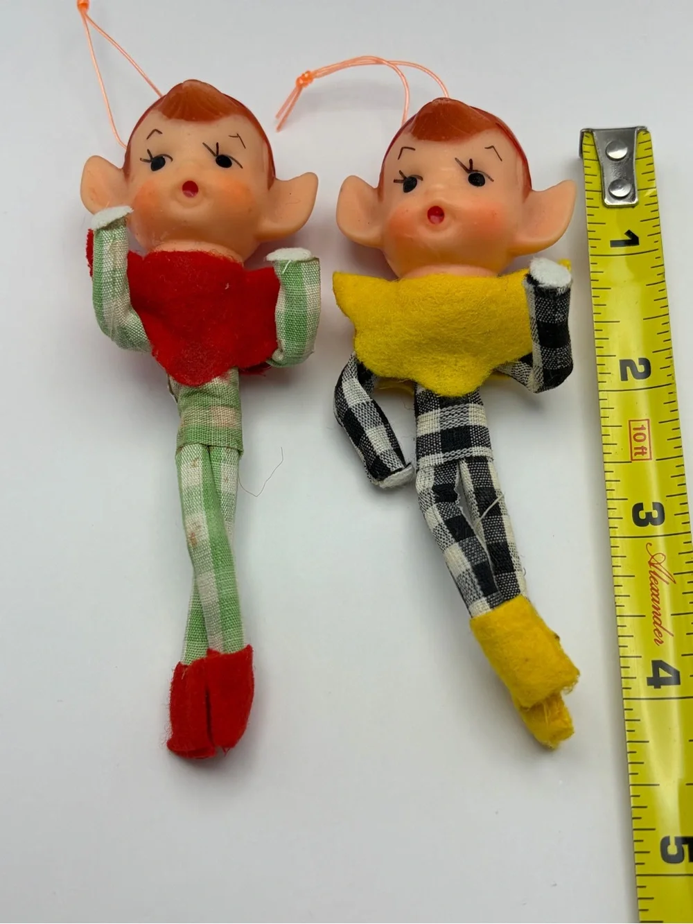 1960s, MCM, Pixie Elf Christmas Ornaments, Checkered Outfits, Japan, 4.25” Tall